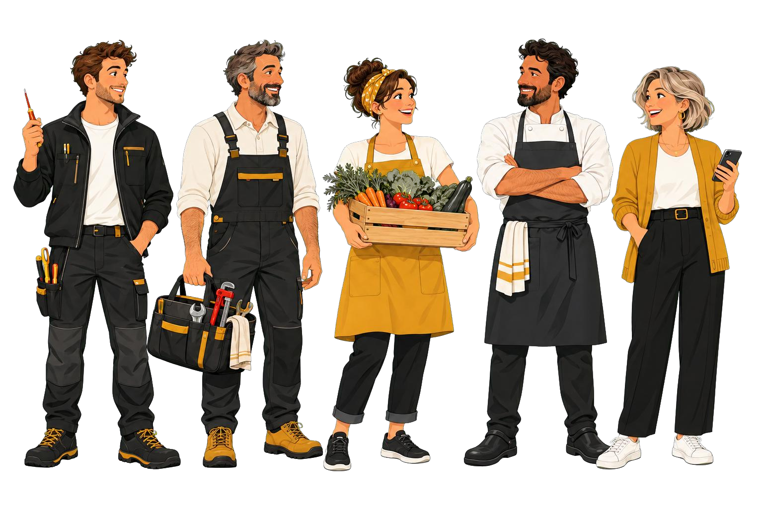 Un artisan, un technicien, une commerçante, un restaurateur et une entrepreneuse